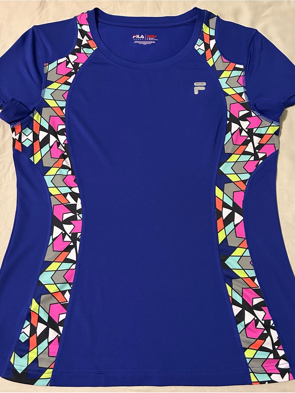 FILA Sport NWOT Athletic Bright Neon Geometric Purple Workout Shirt Size Large.